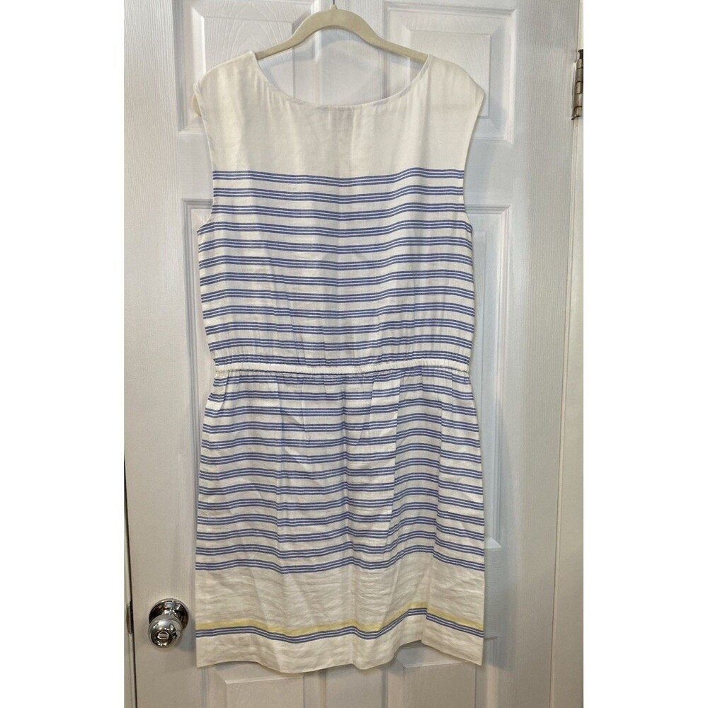 LOFT Blue White Yellow Striped Sheath Dress Sleeveless Linen Rayon Size 12 - Picture 2 of 6